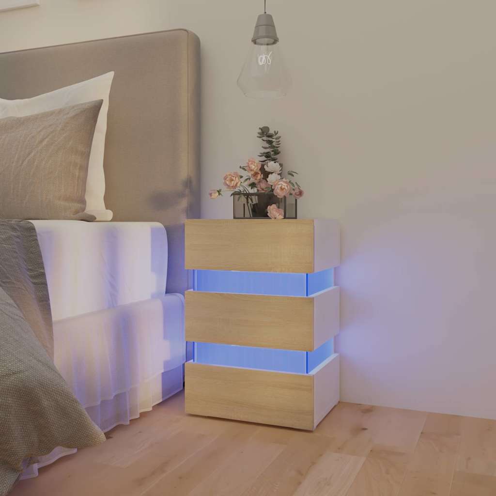 8720286344439_m_en_hd_1 vidaXL LED Bedside Cabinet White and Sonoma Oak 45x35x67 cm Engineered Wood - Image 1
