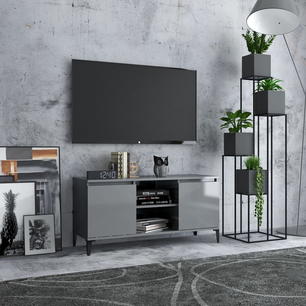 8720286357859_m_en_hd_1 vidaXL TV Cabinet with Metal Legs High Gloss Grey 103.5x35x50 cm - Image 1