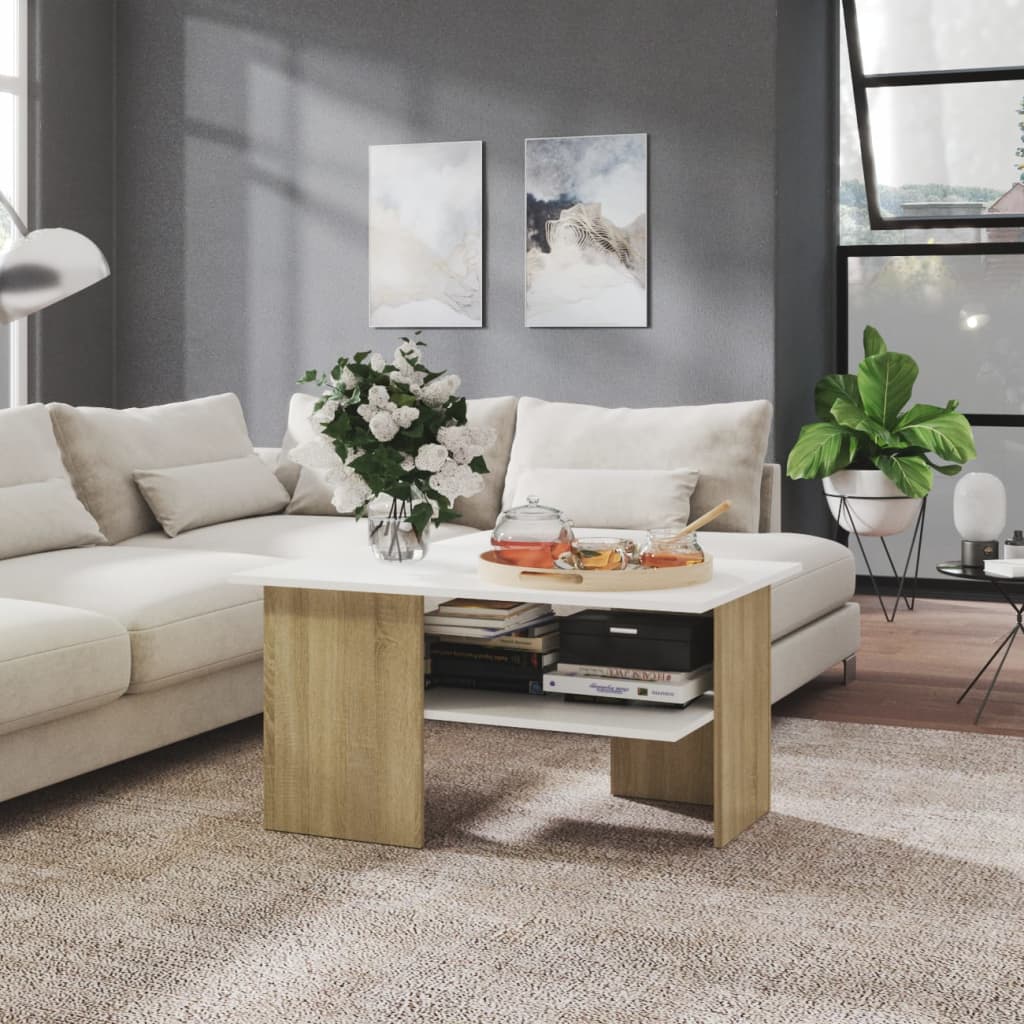 8720286560556_m_en_hd_1 vidaXL Coffee Table White and Sonoma Oak 90x60x46.5 cm Engineered Wood - Image 1