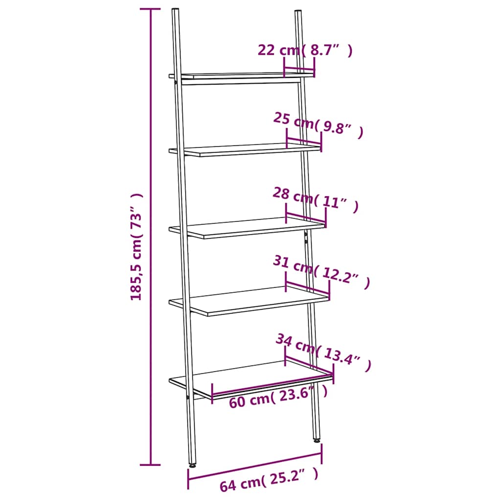 8720286563304_g_en_hd_6 vidaXL 5-Tier Leaning Shelf Light Brown and Black 64x34x185.5 cm - Image 9