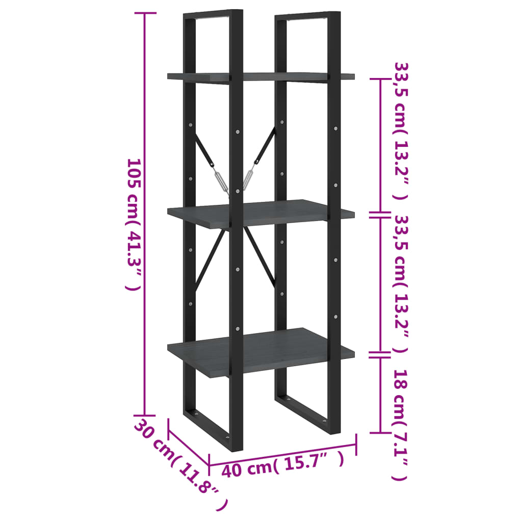 8720286567845_g_en_hd_6 vidaXL 3-Tier Book Cabinet Grey 40x30x105 cm Solid Pinewood - Image 9