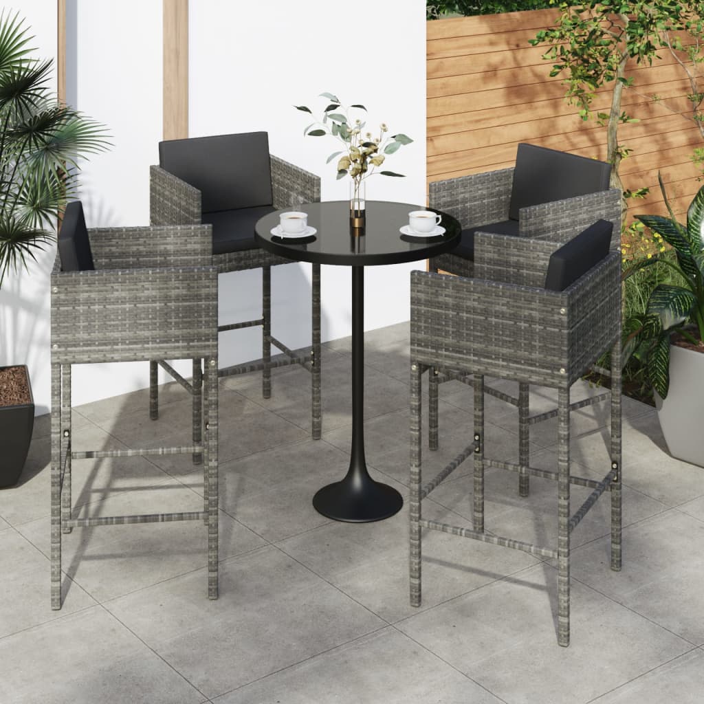 vidaXL Bar Stools 4 pcs with Cushions Grey Poly Rattan