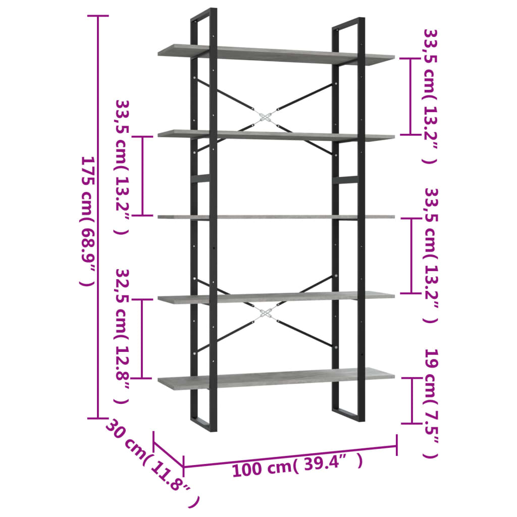 8720286649589_g_en_hd_4 vidaXL 5-Tier Book Cabinet Concrete Grey 100x30x175 cm Engineered Wood - Image 7