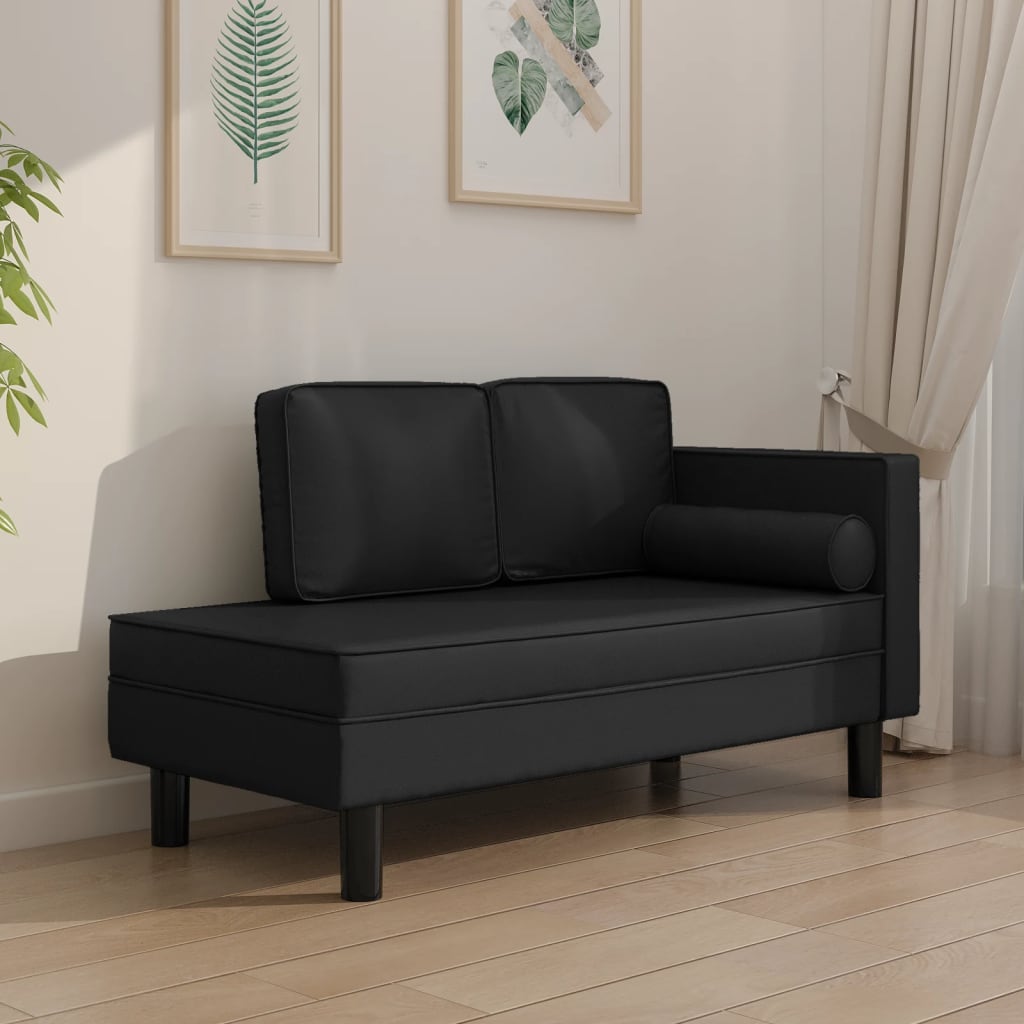 vidaXL Chaise Lounge with Cushions and Bolster Black Faux Leather