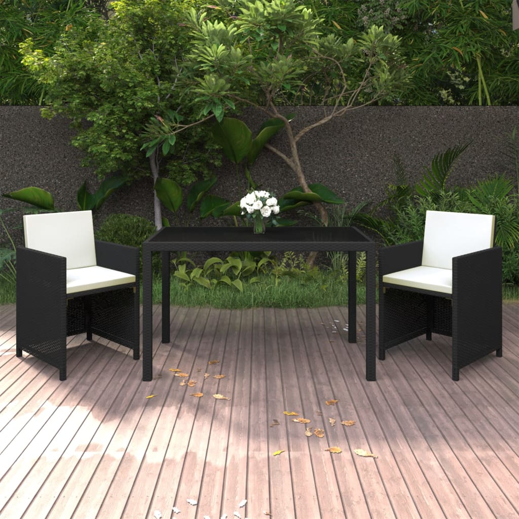 vidaXL 3 Piece Garden Dining Set with Cushions Poly Rattan Black
