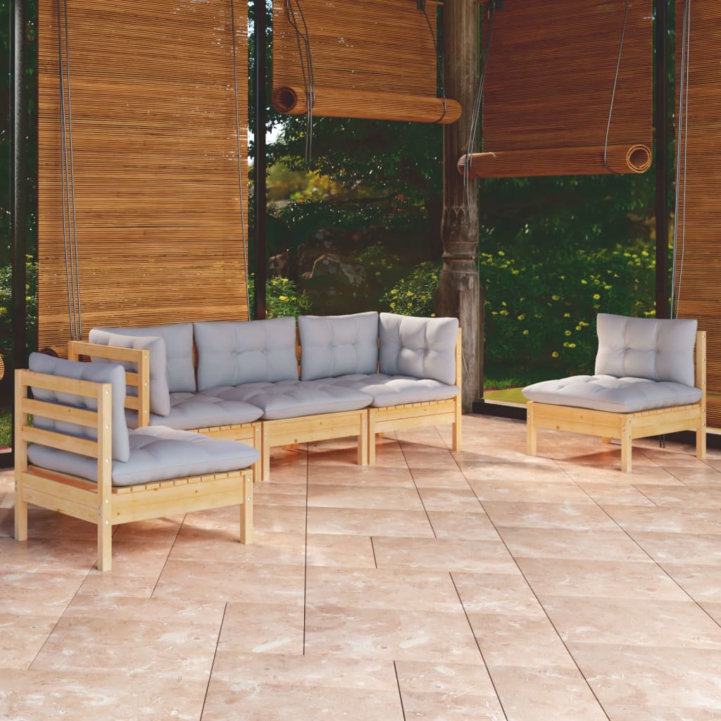 8720286860427_m_en_hd_1 vidaXL 5 Piece Garden Lounge Set with Grey Cushions Solid Pinewood - Image 1