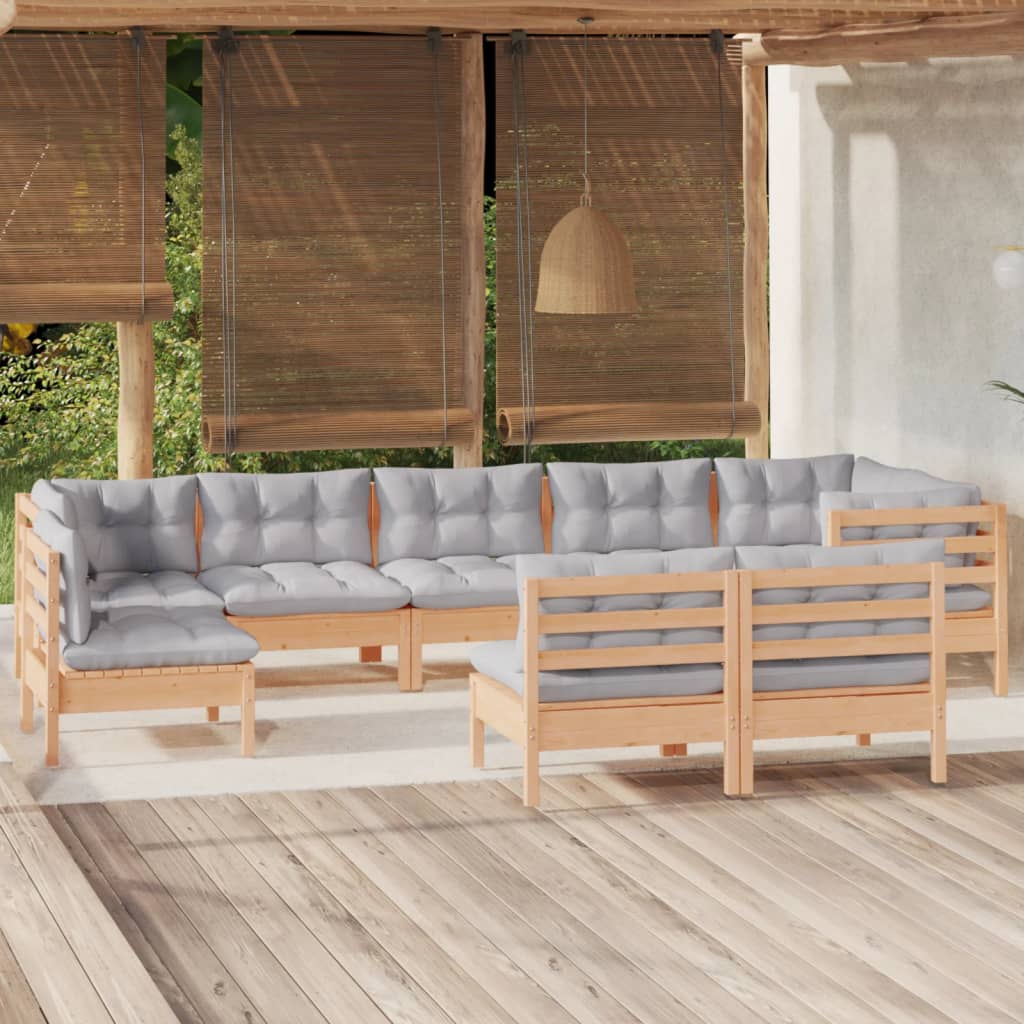vidaXL 9 Piece Garden Lounge Set with Grey Cushions Solid Pinewood