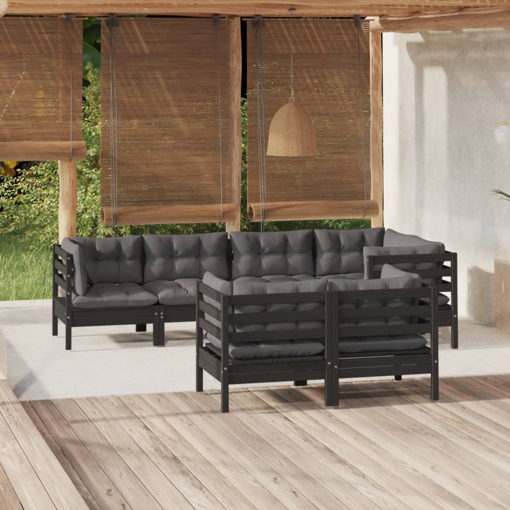 vidaXL 7 Piece Garden Lounge Set with Cushions Black Solid Pinewood