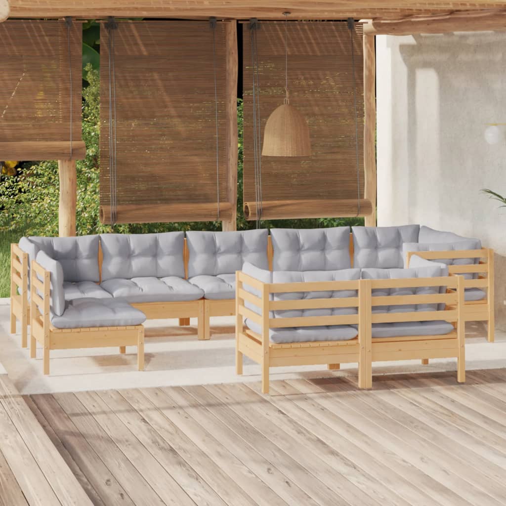 vidaXL 9 Piece Garden Lounge Set with Grey Cushions Solid Pinewood