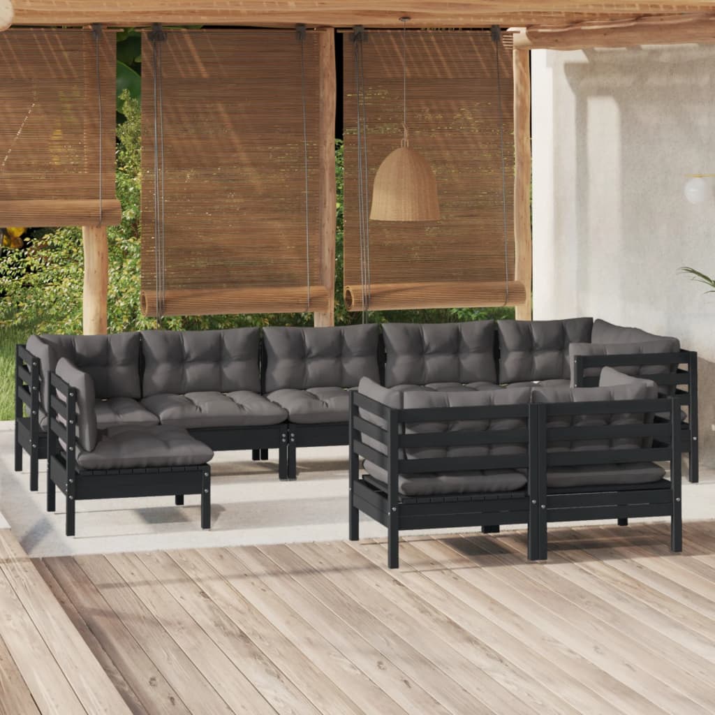 vidaXL 9 Piece Garden Lounge Set with Cushions Black Solid Pinewood