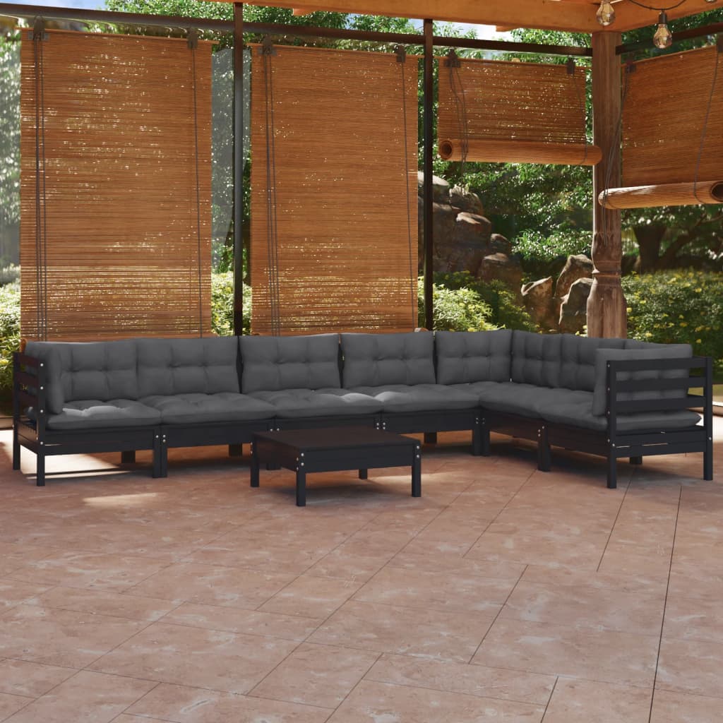 vidaXL 8 Piece Garden Lounge Set with Cushions Black Solid Pinewood