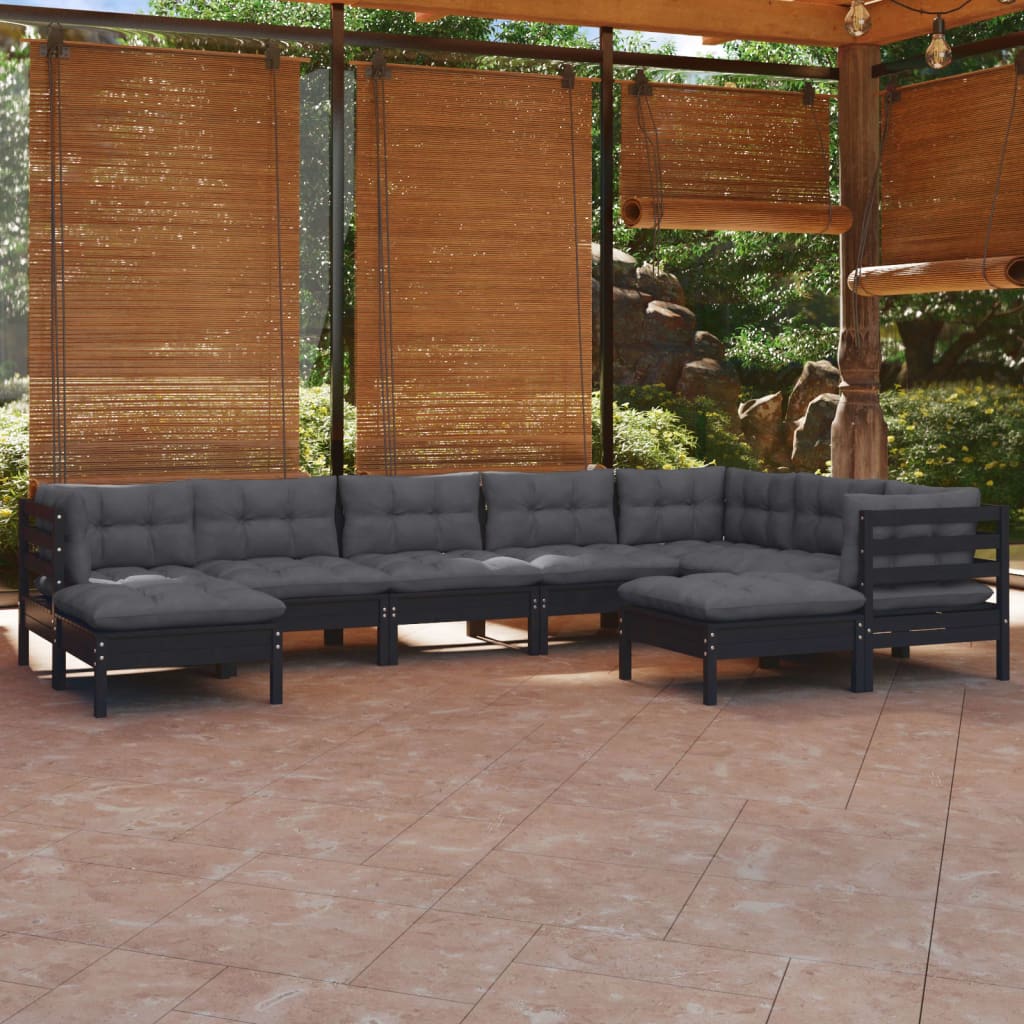 vidaXL 9 Piece Garden Lounge Set with Cushions Black Solid Pinewood