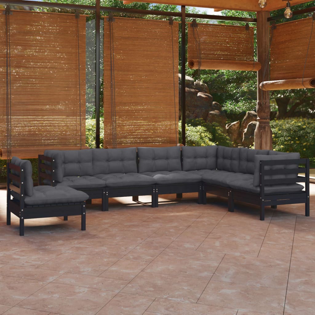 vidaXL 7 Piece Garden Lounge Set with Cushions Black Solid Pinewood