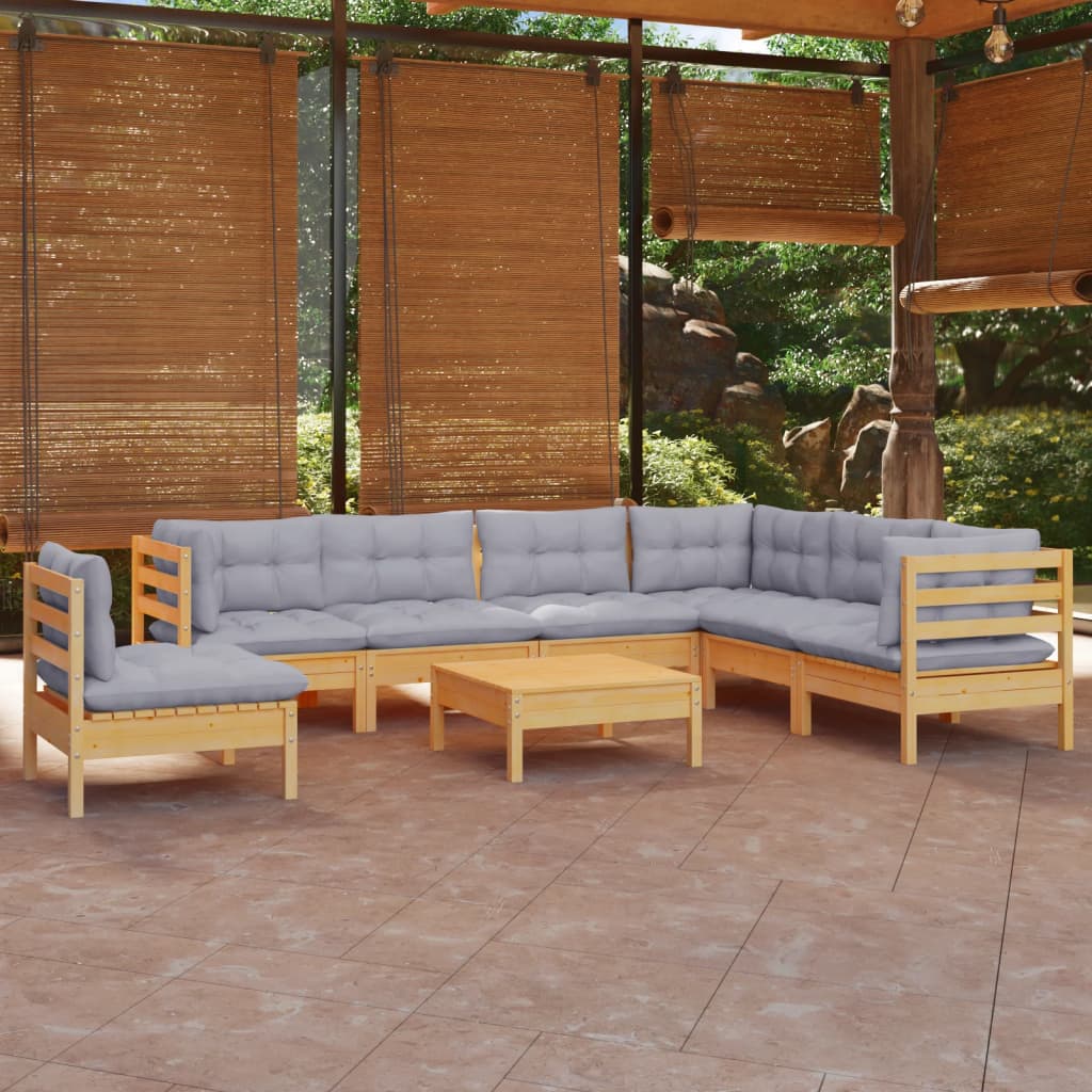 vidaXL 8 Piece Garden Lounge Set with Grey Cushions Solid Pinewood