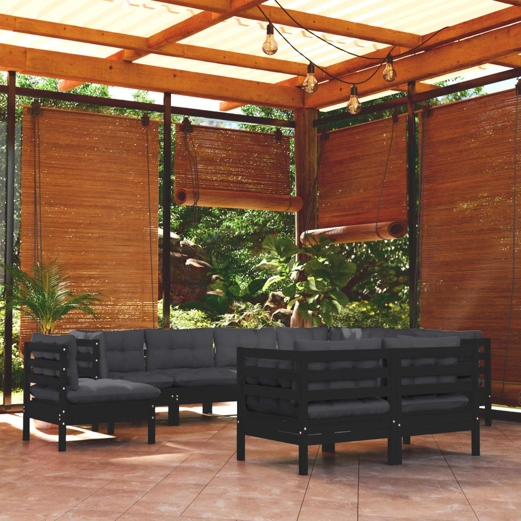 vidaXL 9 Piece Garden Lounge Set with Cushions Black Solid Pinewood