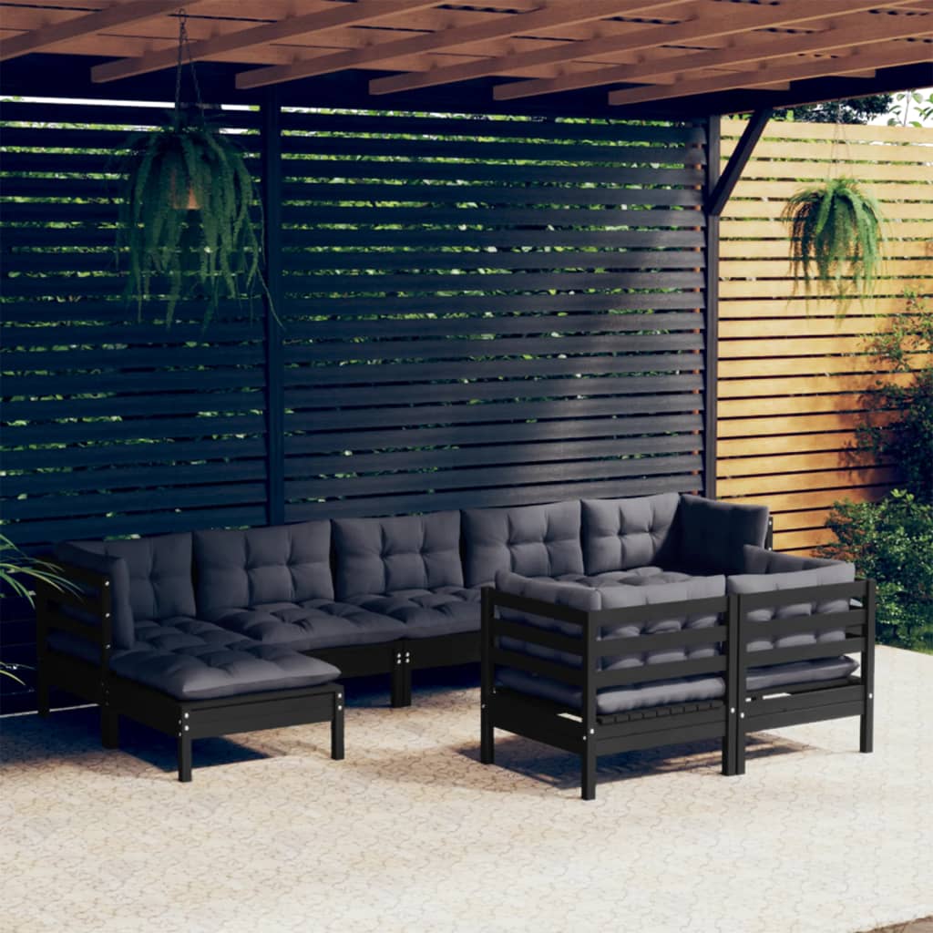 vidaXL 9 Piece Garden Lounge Set with Cushions Black Solid Pinewood