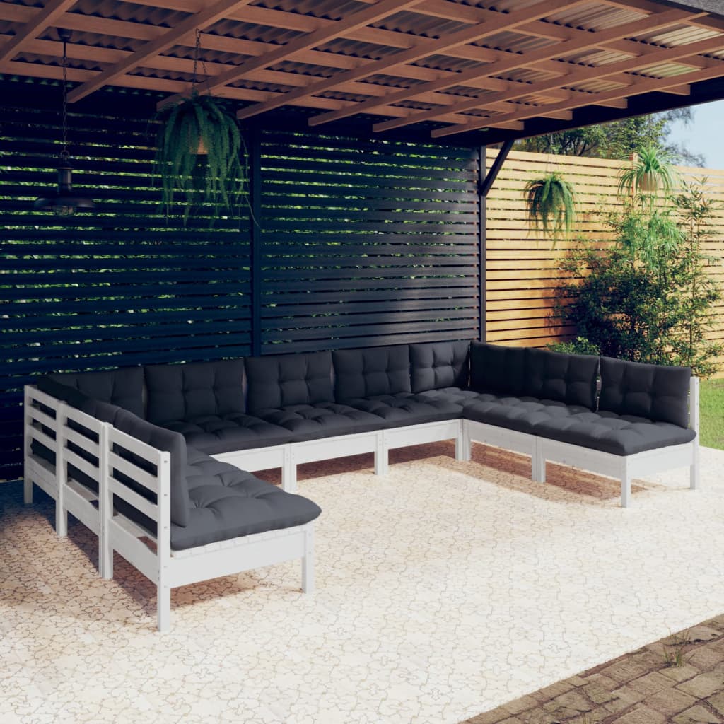 vidaXL 9 Piece Garden Lounge Set with Cushions White Solid Pinewood