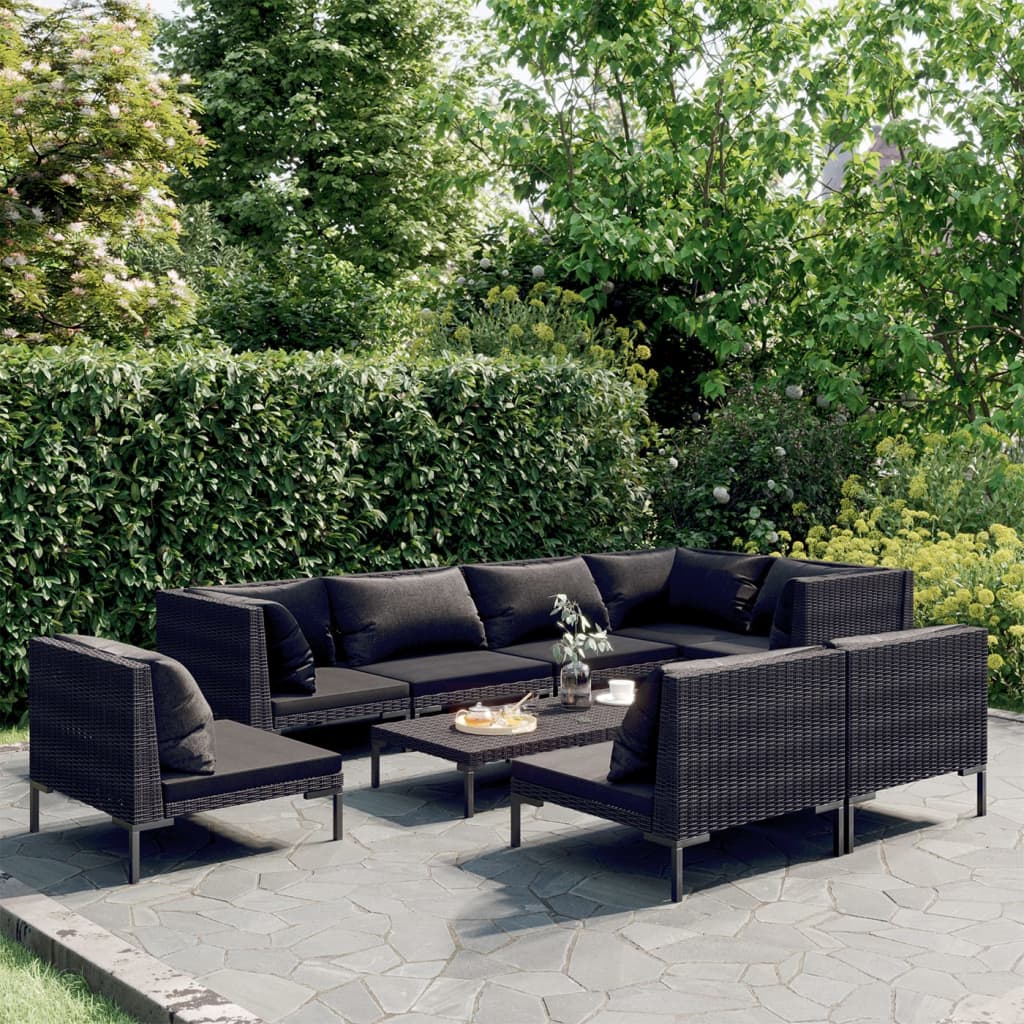 vidaXL 9 Piece Garden Lounge Set with Cushions Poly Rattan Dark Grey