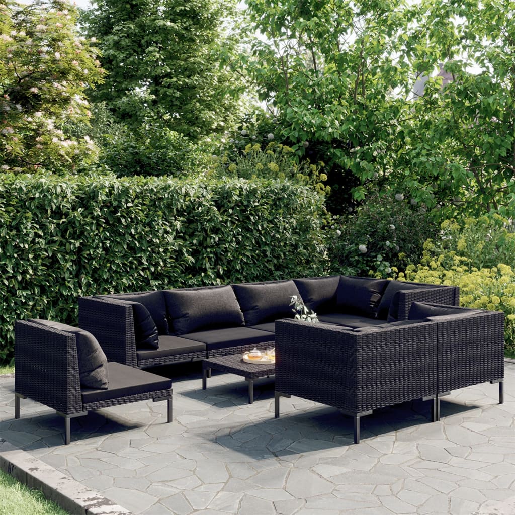 vidaXL 9 Piece Garden Lounge Set with Cushions Poly Rattan Dark Grey