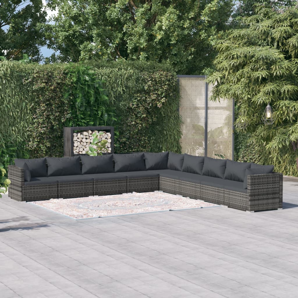 vidaXL 9 Piece Garden Lounge Set with Cushions Poly Rattan Grey