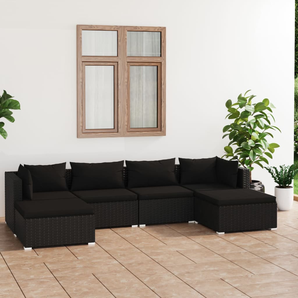 vidaXL 6 Piece Garden Lounge Set with Cushions Poly Rattan Black