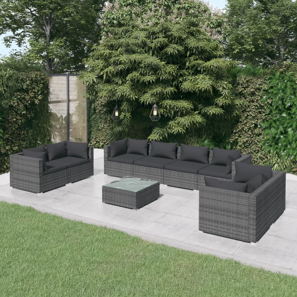 8720286989975_m_en_hd_1 vidaXL 9 Piece Garden Lounge Set with Cushions Poly Rattan Grey - Image 1