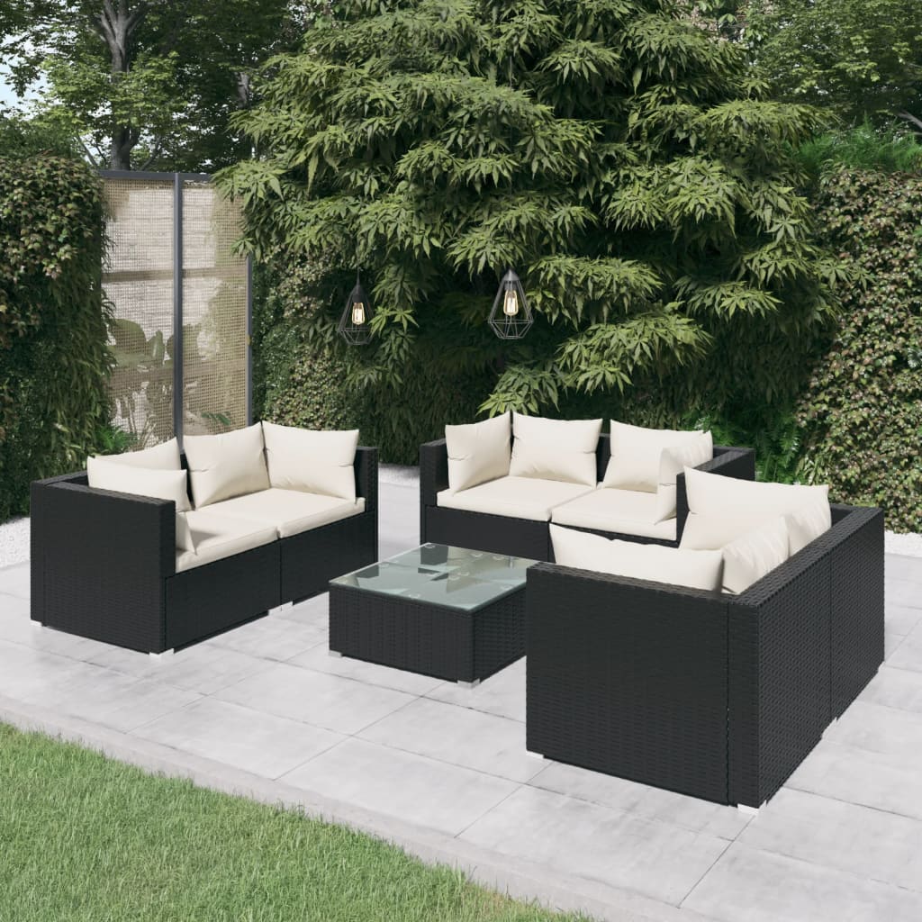 vidaXL 7 Piece Garden Lounge Set with Cushions Poly Rattan Black