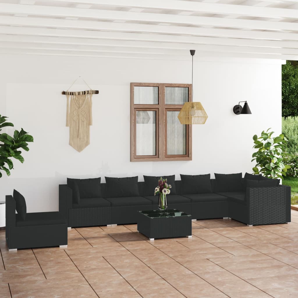 vidaXL 8 Piece Garden Lounge Set with Cushions Poly Rattan Black