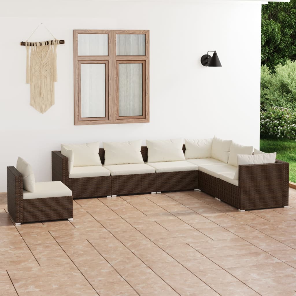 vidaXL 7 Piece Garden Lounge Set with Cushions Poly Rattan Brown