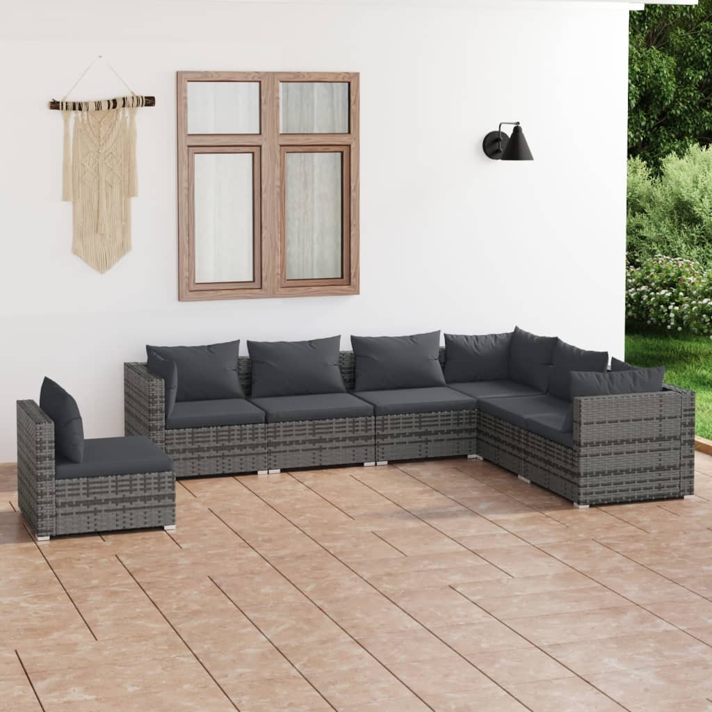 vidaXL 7 Piece Garden Lounge Set with Cushions Poly Rattan Grey