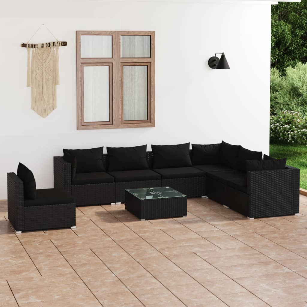 vidaXL 8 Piece Garden Lounge Set with Cushions Poly Rattan Black