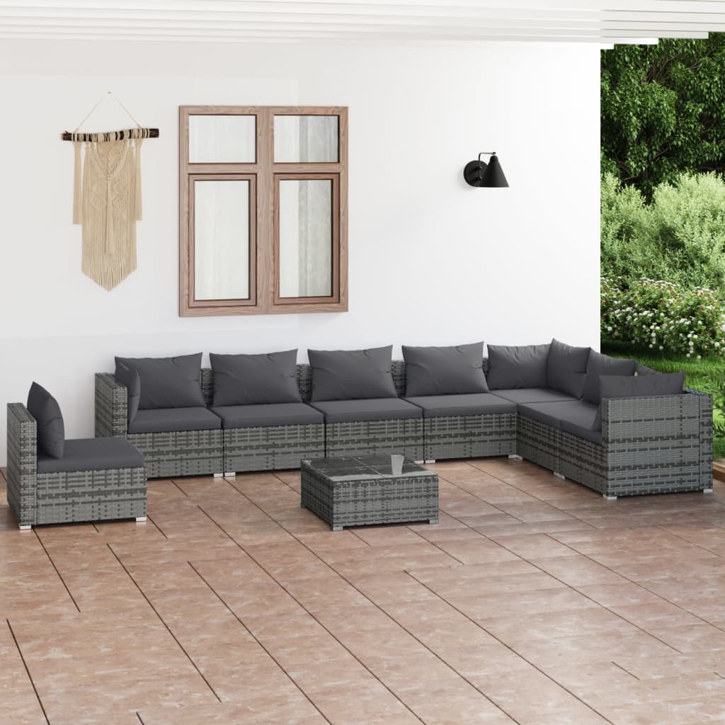 8720286990858_m_en_hd_1 vidaXL 9 Piece Garden Lounge Set with Cushions Poly Rattan Grey - Image 1