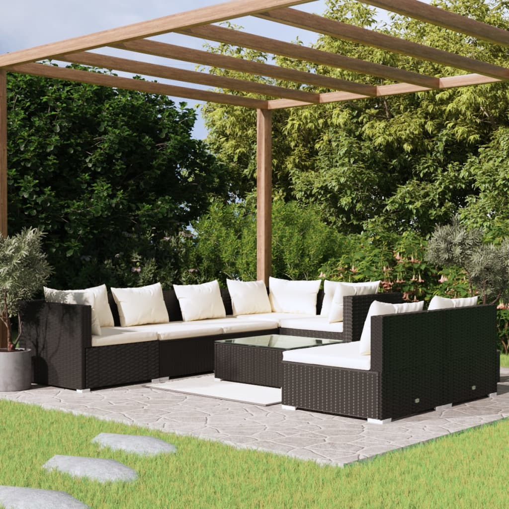 vidaXL 8 Piece Garden Lounge Set with Cushions Black Poly Rattan
