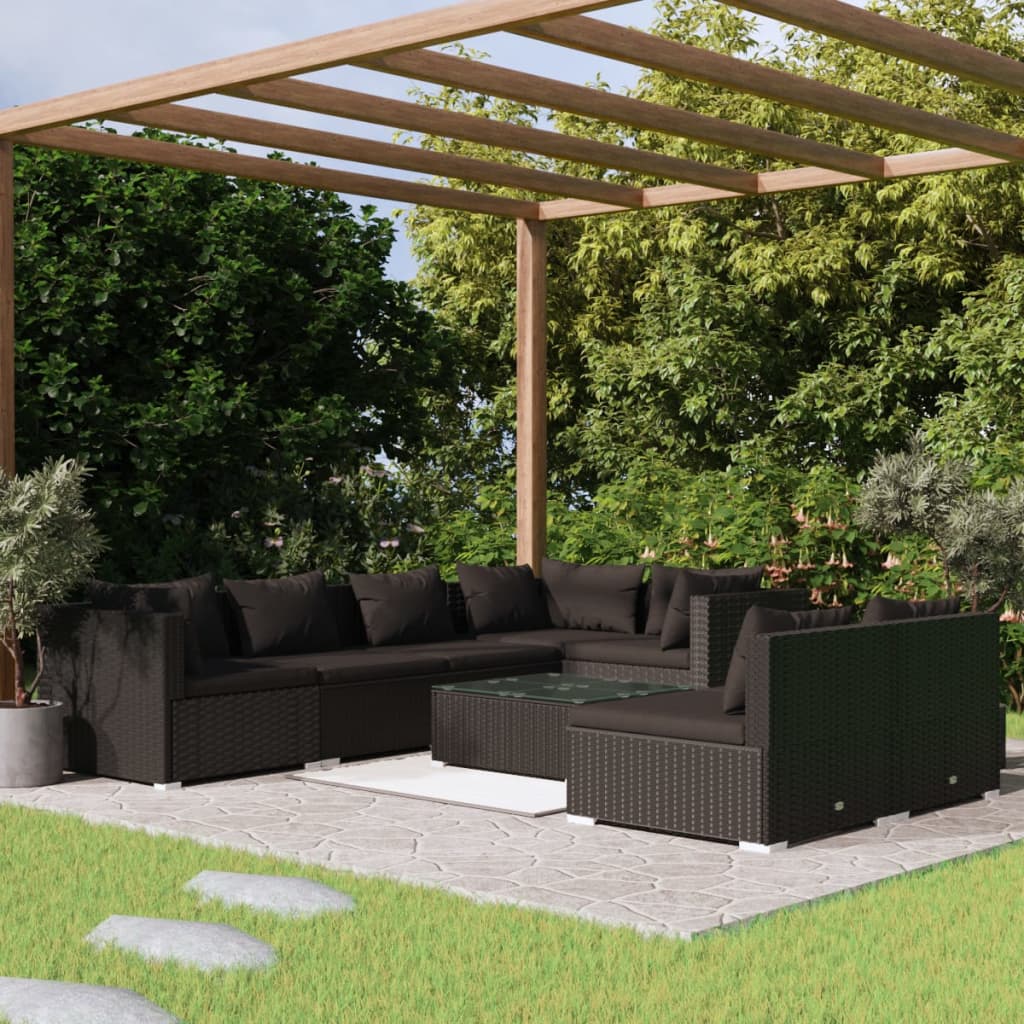 vidaXL 8 Piece Garden Lounge Set with Cushions Black Poly Rattan