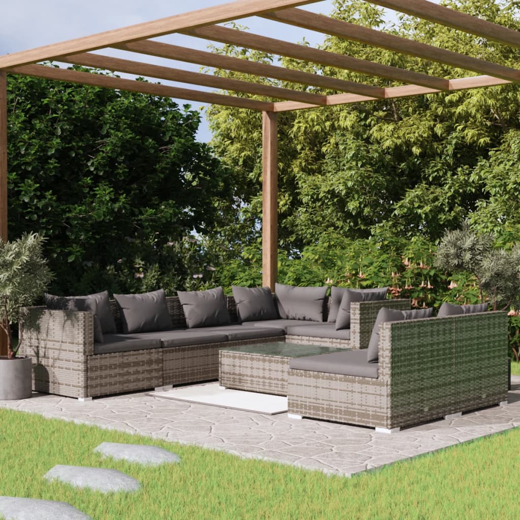 vidaXL 8 Piece Garden Lounge Set with Cushions Grey Poly Rattan