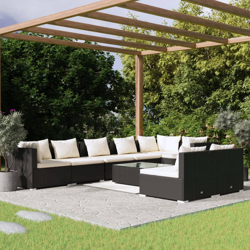 vidaXL 9 Piece Garden Lounge Set with Cushions Black Poly Rattan