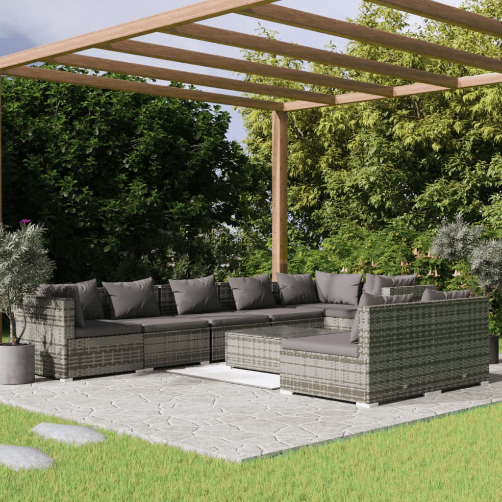 vidaXL 9 Piece Garden Lounge Set with Cushions Grey Poly Rattan