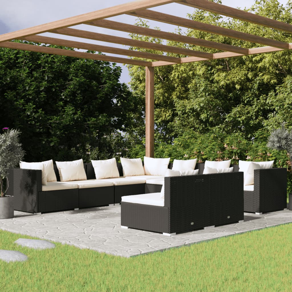 vidaXL 9 Piece Garden Lounge Set with Cushions Black Poly Rattan