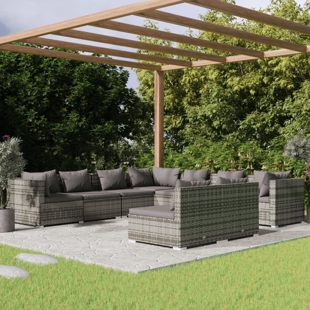 vidaXL 9 Piece Garden Lounge Set with Cushions Grey Poly Rattan
