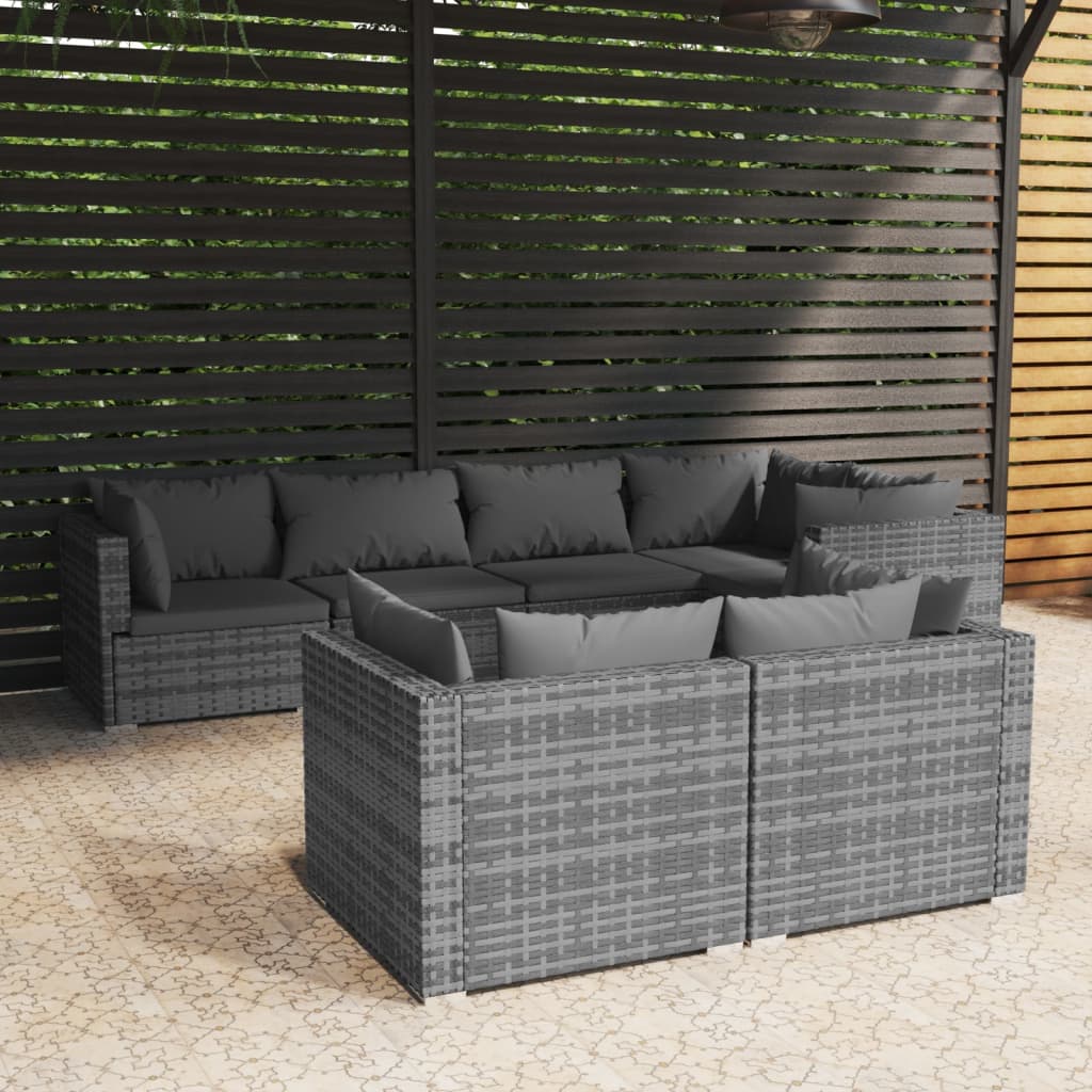 vidaXL 7 Piece Garden Lounge Set with Cushions Grey Poly Rattan