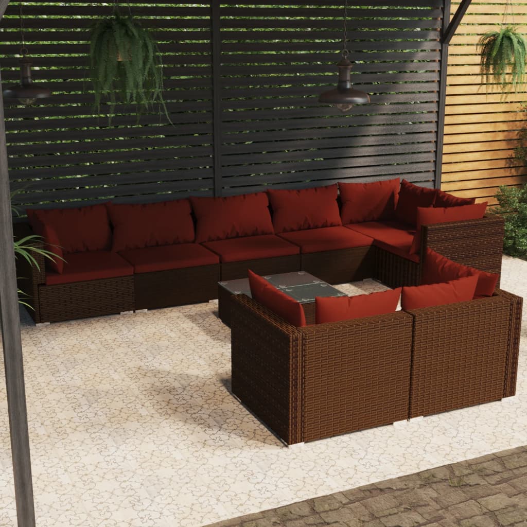 vidaXL 9 Piece Garden Lounge Set with Cushions Brown Poly Rattan
