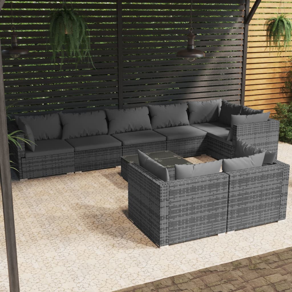 vidaXL 9 Piece Garden Lounge Set with Cushions Grey Poly Rattan