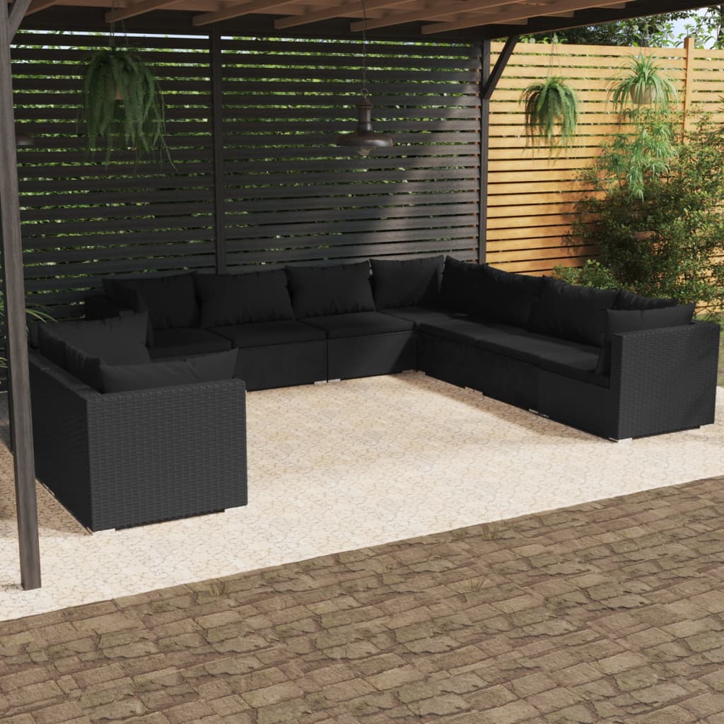 vidaXL 9 Piece Garden Lounge Set with Cushions Black Poly Rattan