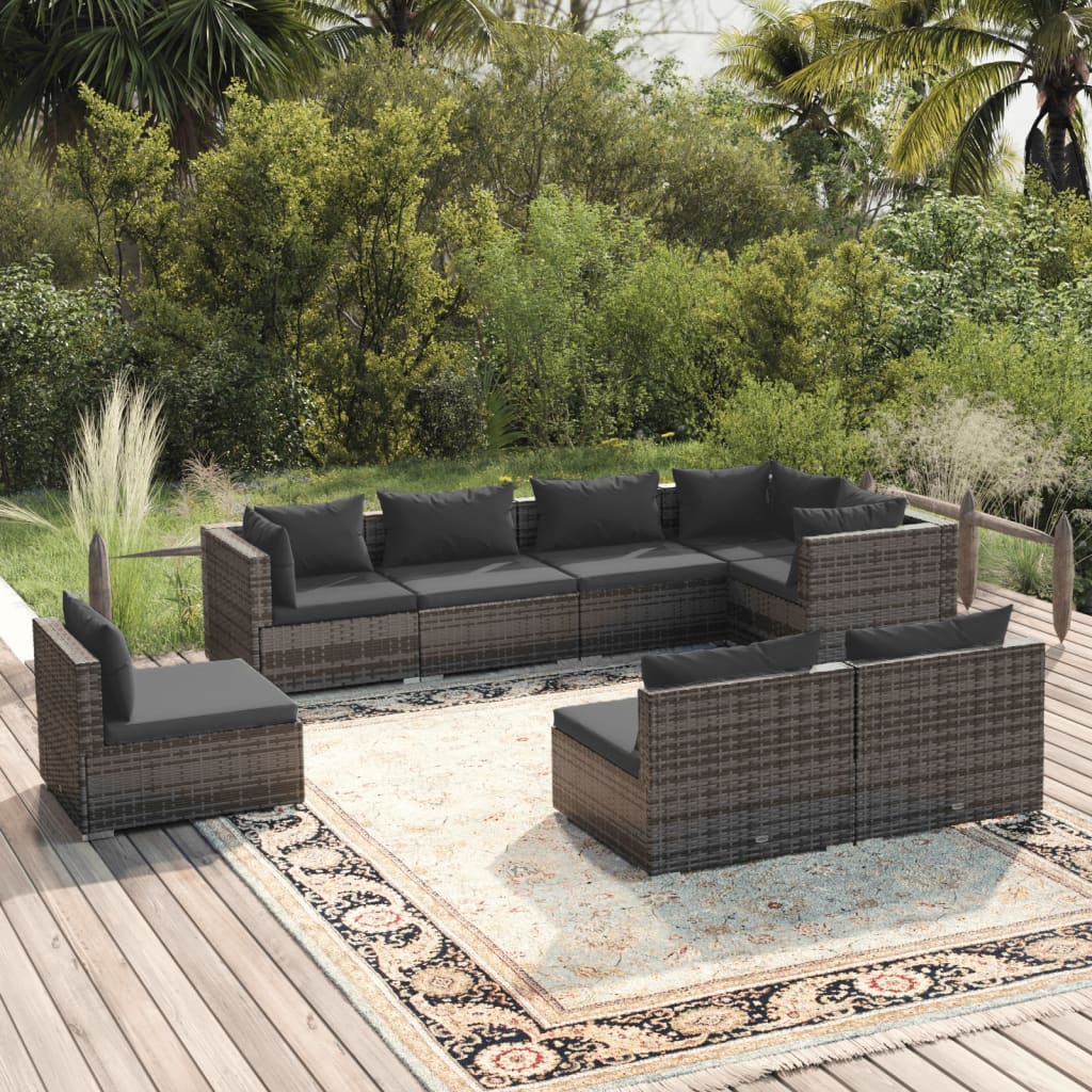 vidaXL 8 Piece Garden Lounge Set with Cushions Poly Rattan Grey