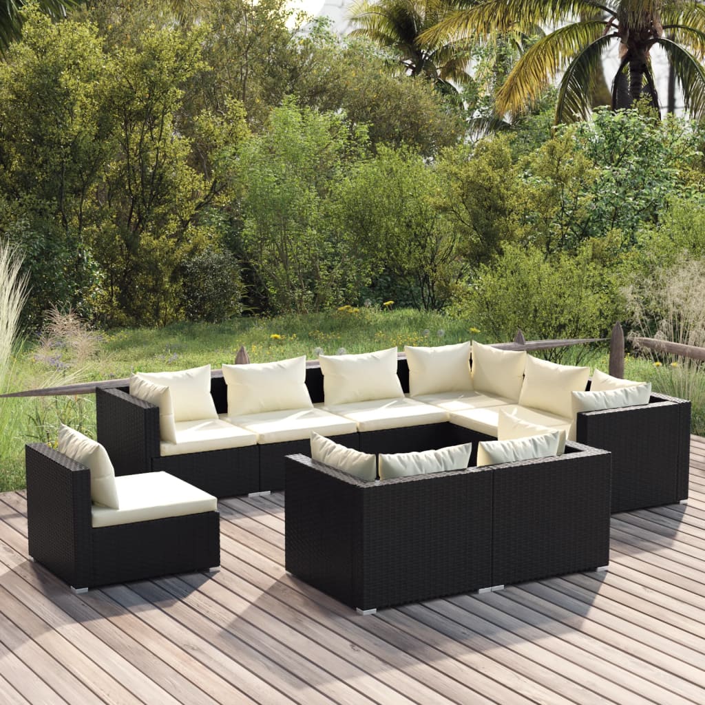 vidaXL 9 Piece Garden Lounge Set with Cushions Poly Rattan Black