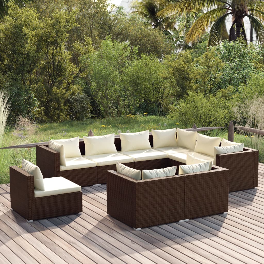 vidaXL 9 Piece Garden Lounge Set with Cushions Poly Rattan Brown