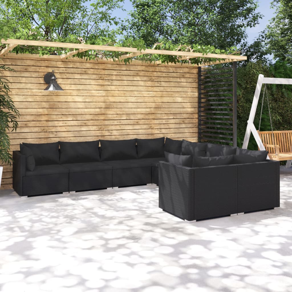 vidaXL 8 Piece Garden Lounge Set with Cushions Poly Rattan Black