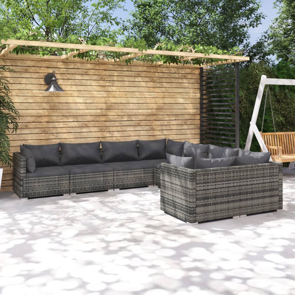 vidaXL 8 Piece Garden Lounge Set with Cushions Poly Rattan Grey