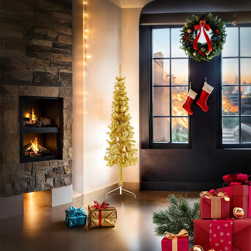 8720287000938_g_en_hd_1 vidaXL Slim Artificial Half Christmas Tree with Stand Gold 150 cm - Image 2