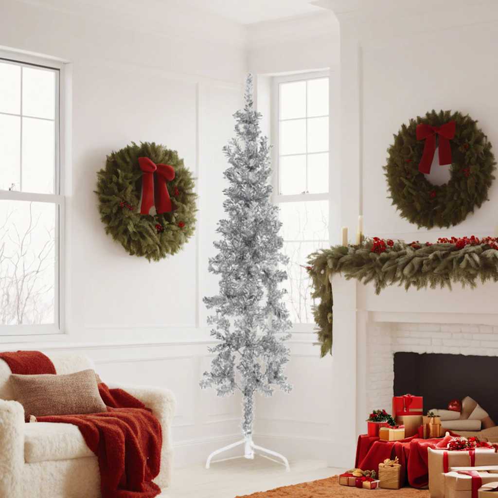 8720287000990_g_en_hd_1 vidaXL Slim Artificial Half Christmas Tree with Stand Silver 180 cm - Image 2
